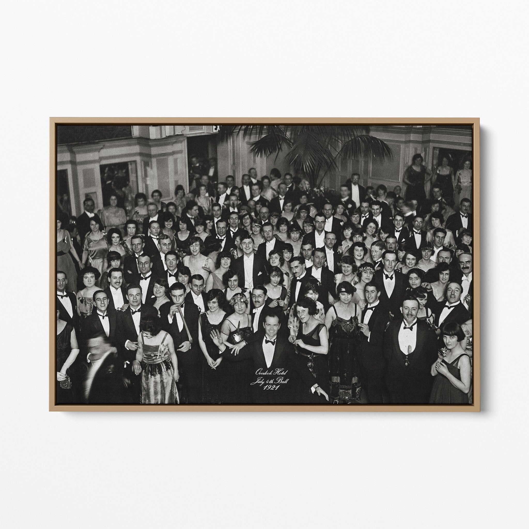 Front view of the Shining Overlook Hotel 1921 black and white canvas in a natural oak floating frame