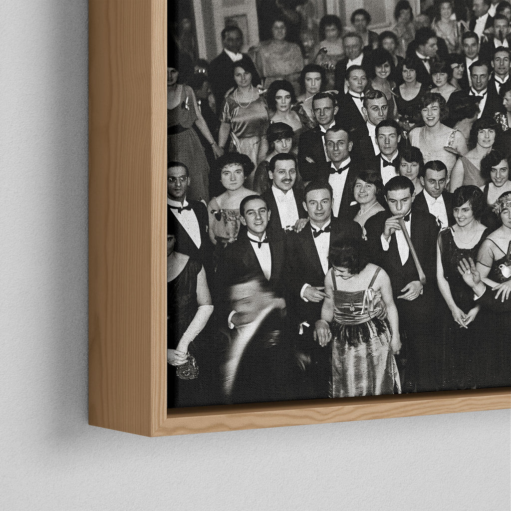 Corner close-up of the natural oak floating frame on the Shining Overlook Hotel 1921 black and white canvas