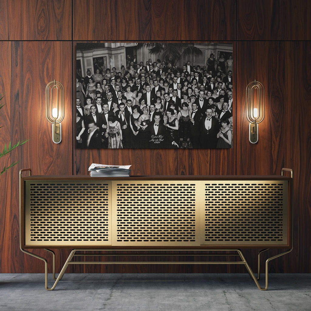 Aluminium metal print of the Shining Overlook Hotel 1921 black and white ballroom photograph