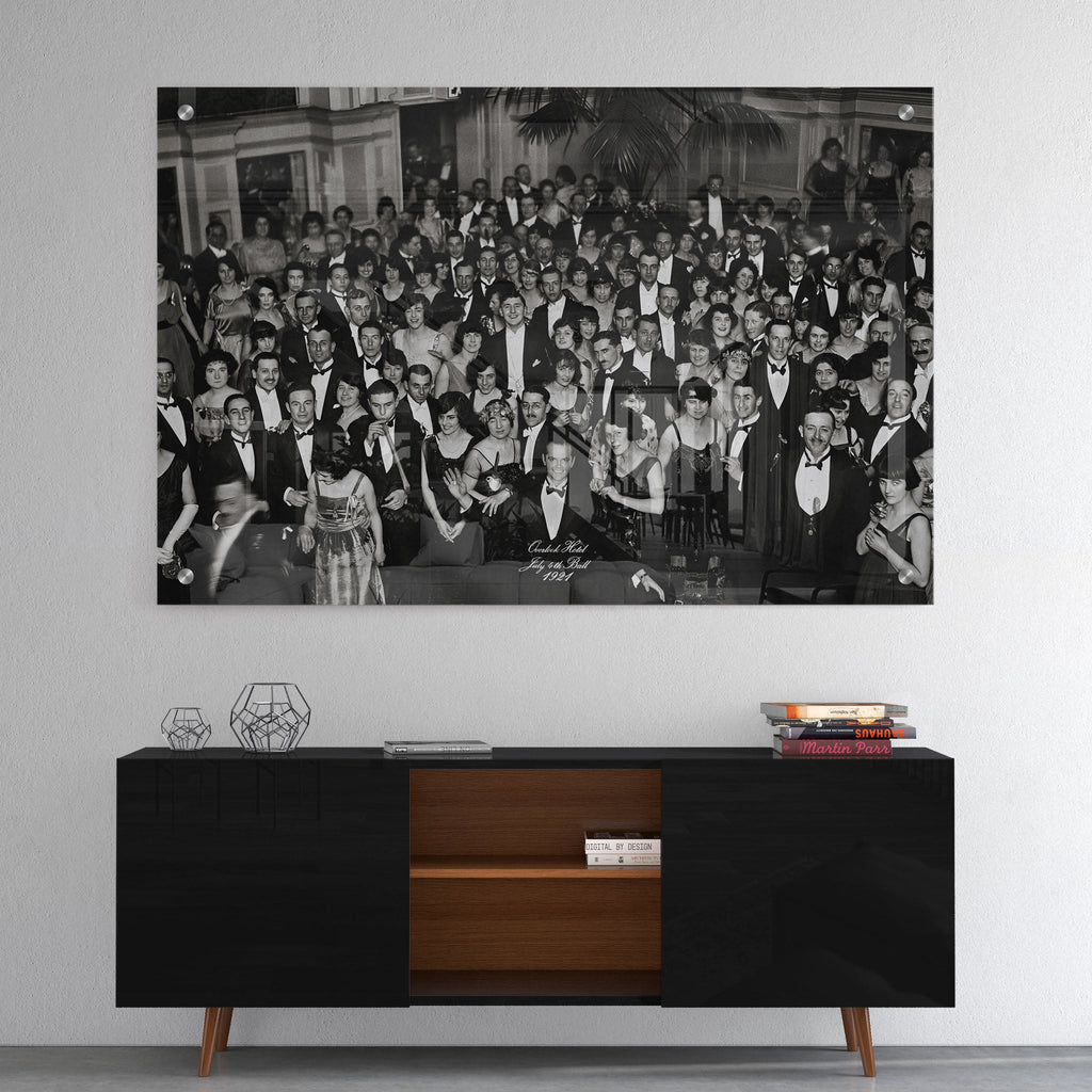 High-gloss acrylic print of the Shining Overlook Hotel 1921 black and white ballroom photograph