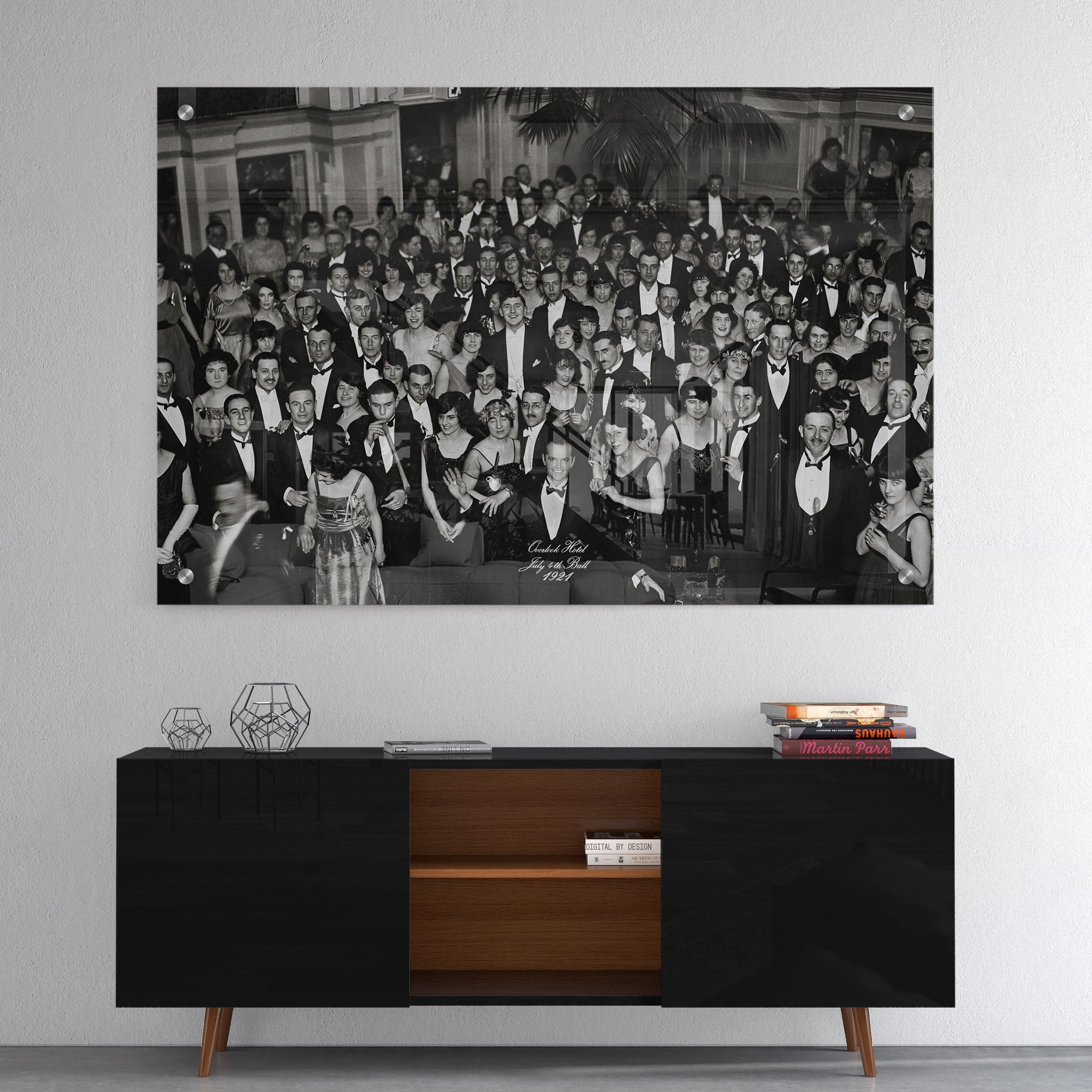 High-gloss acrylic print of the Shining Overlook Hotel 1921 black and white ballroom photograph