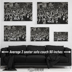 Wall art size comparison chart displaying multiple print dimensions above an average 3-seater sofa