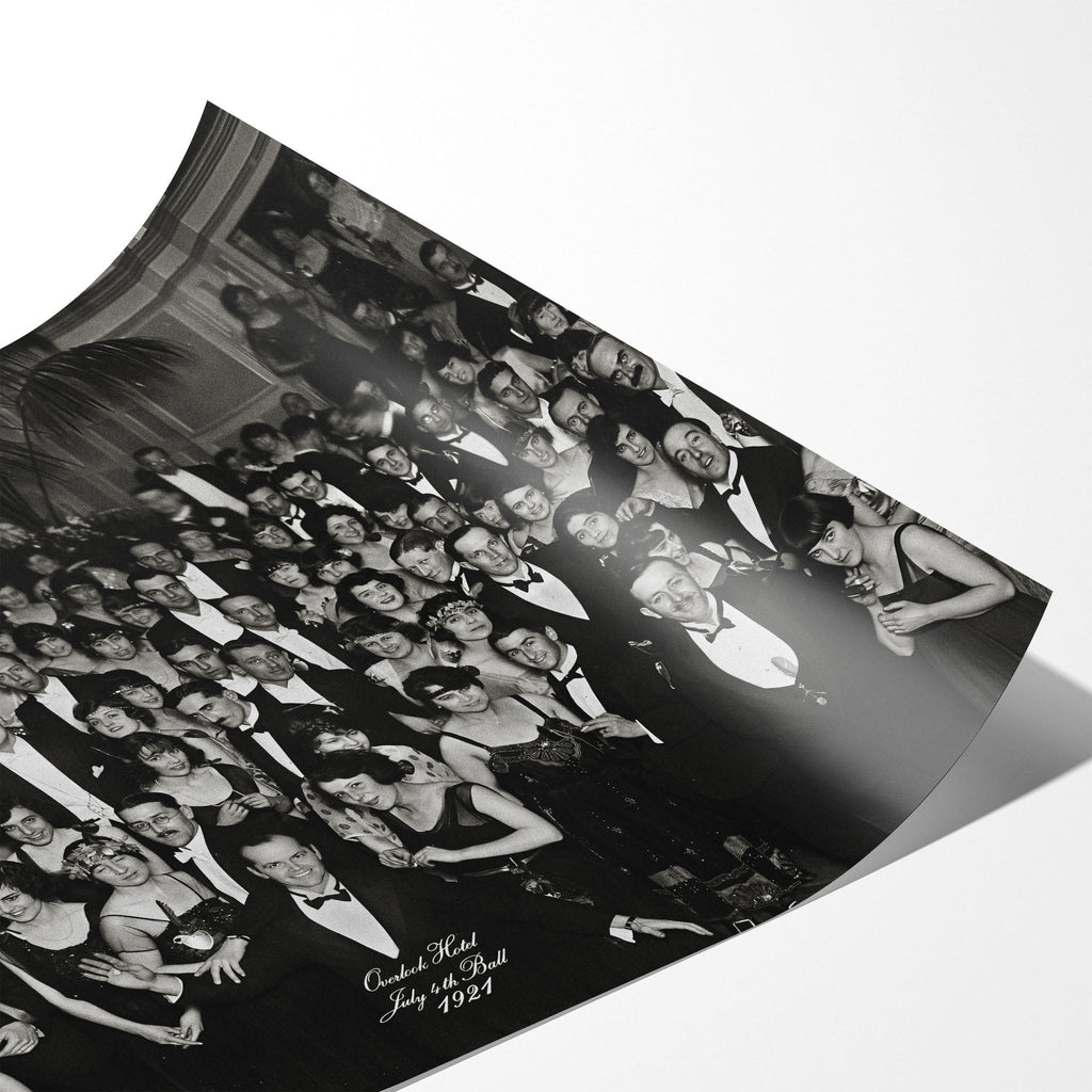 Angled close-up of the unframed Shining Overlook Hotel 1921 black and white poster showing paper detail