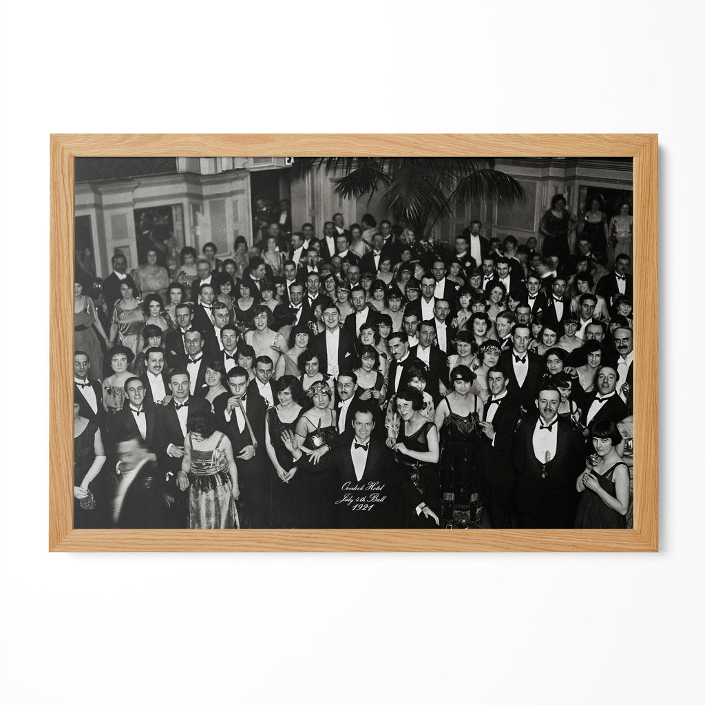 The Shining Overlook Hotel July 4th Ball 1921 black and white final shot in a natural oak poster frame