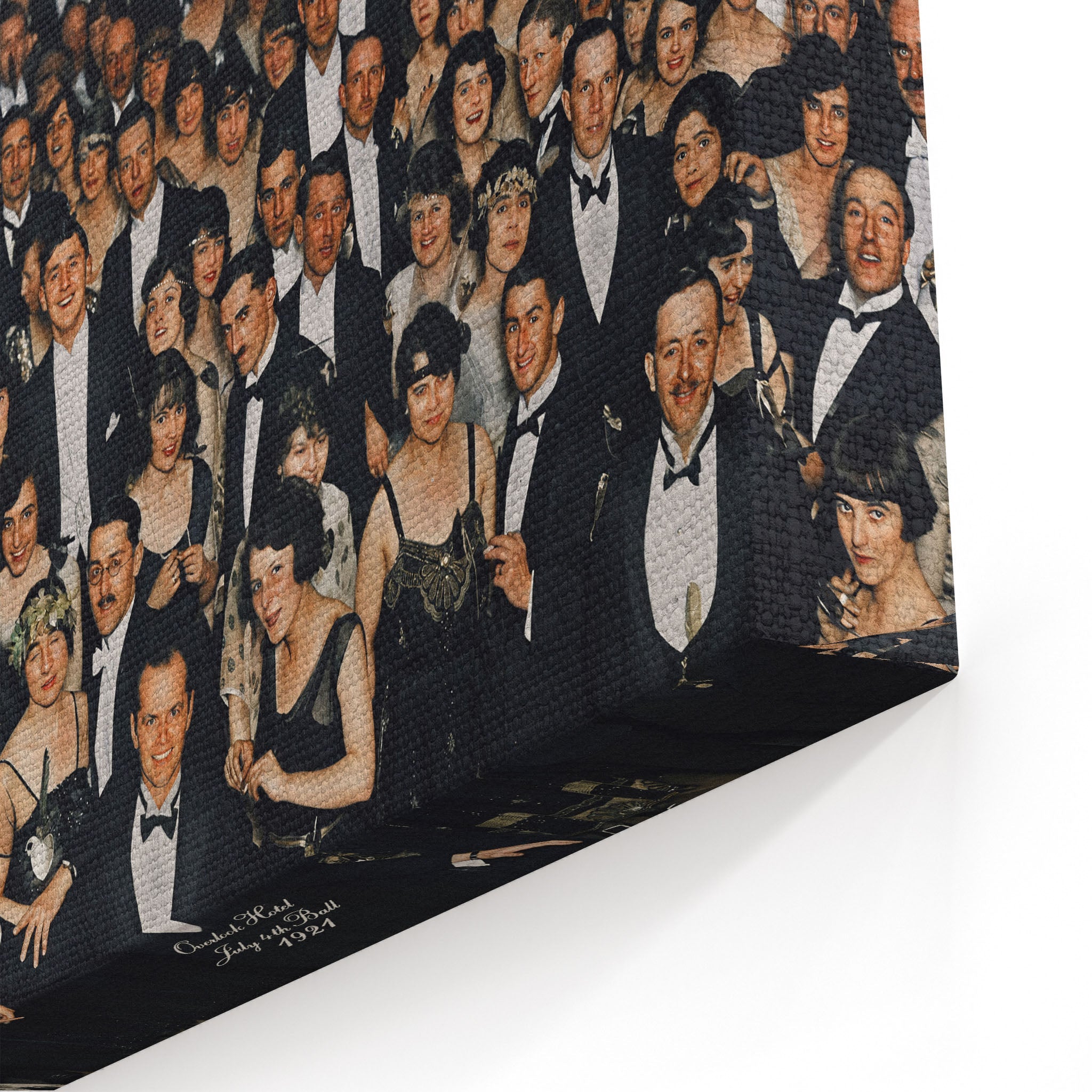 Close-up of the gallery-wrapped canvas edge on the Shining Overlook Hotel 1921 colorized print