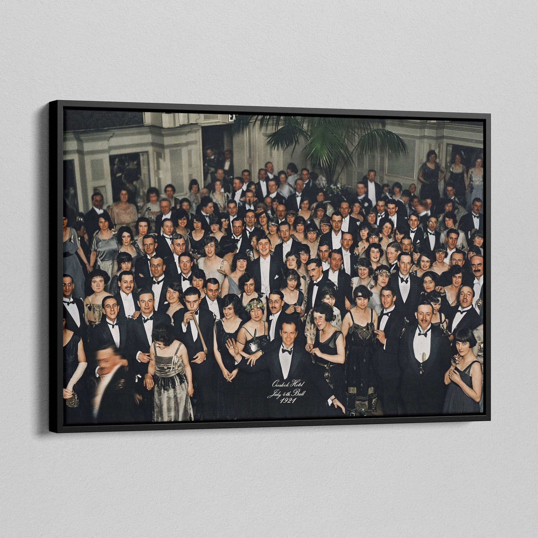 Angled view of the Shining Overlook Hotel 1921 colorized canvas in a black floating frame