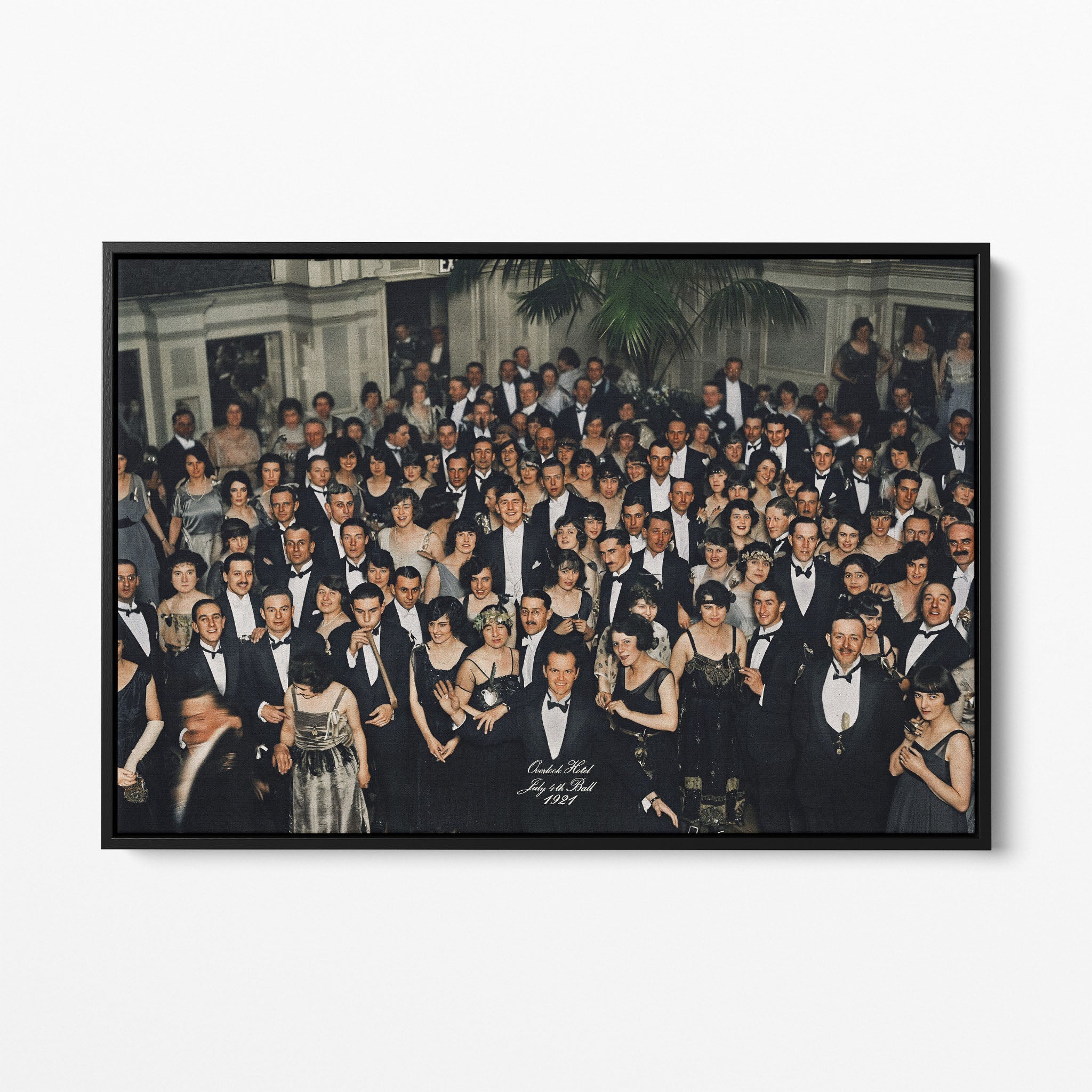 Front view of the Shining Overlook Hotel 1921 colorized canvas in a black floating frame