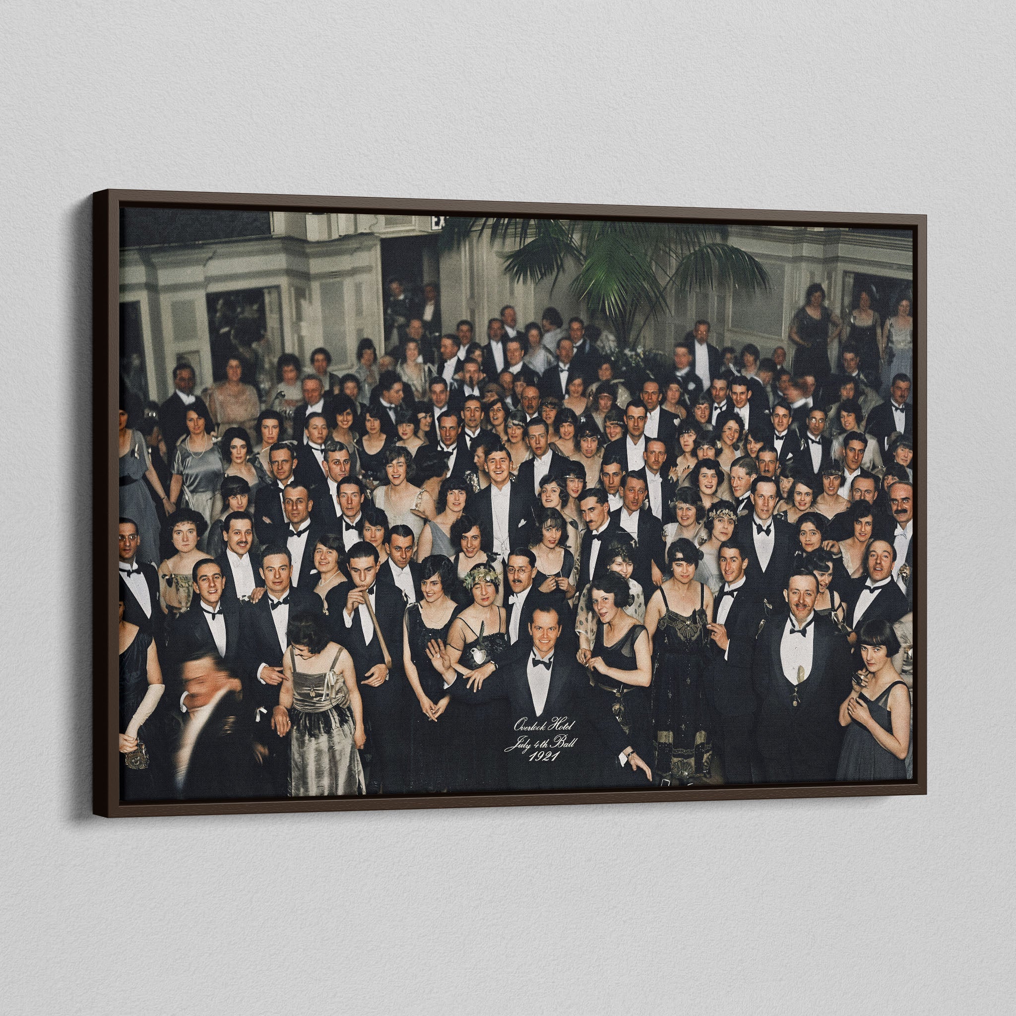 Angled view of the Shining Overlook Hotel 1921 colorized canvas in a dark walnut floating frame