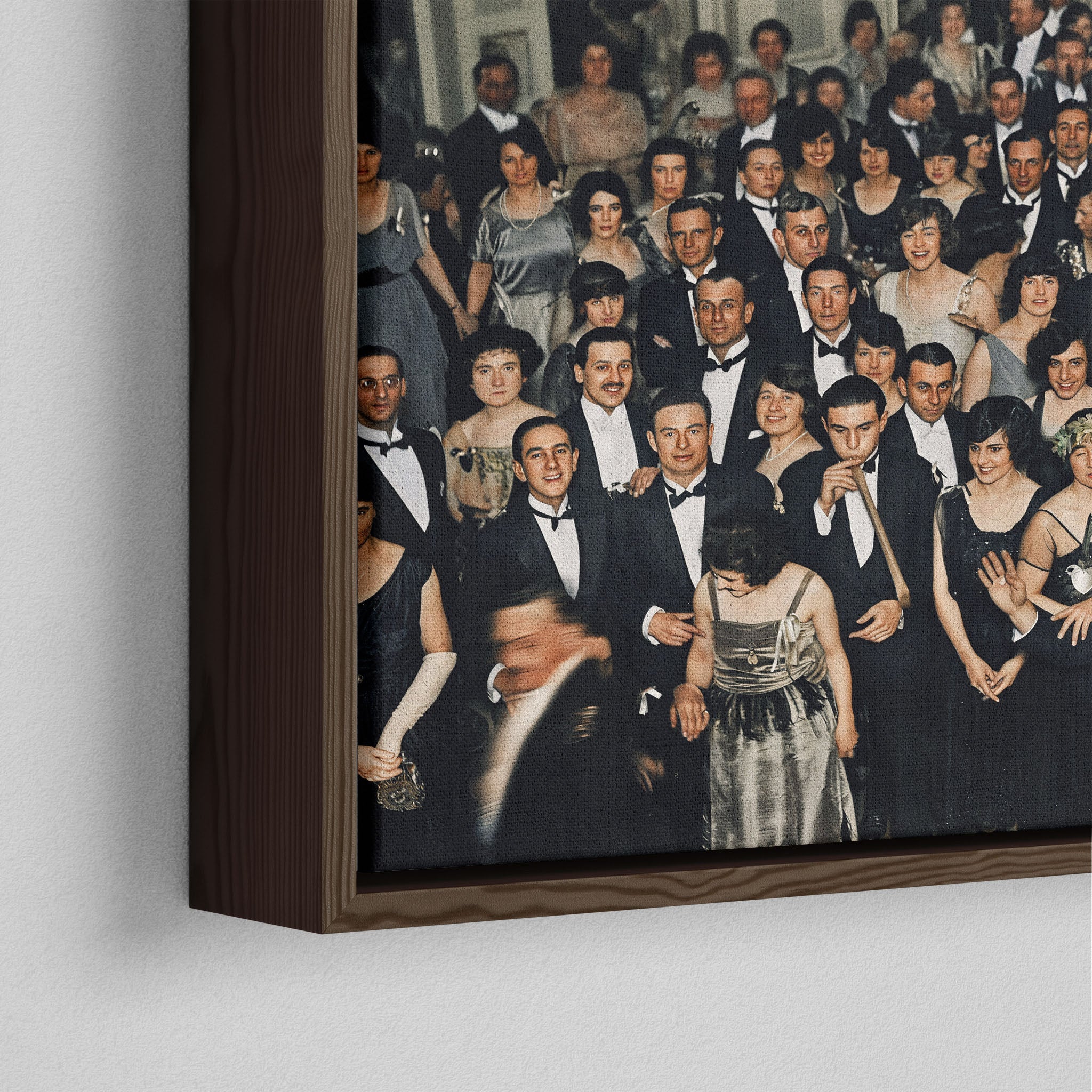Corner close-up of the dark walnut floating frame on the Shining Overlook Hotel 1921 colorized canvas