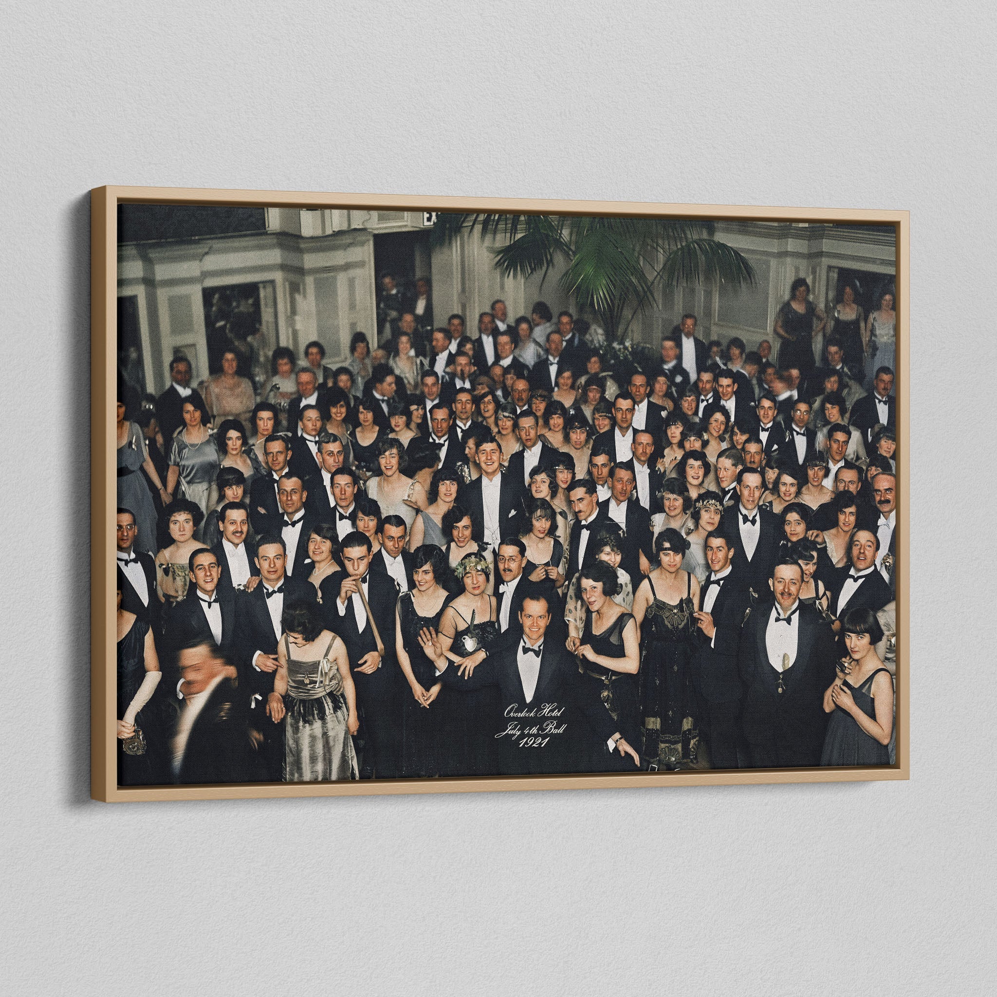 Angled view of the Shining Overlook Hotel 1921 colorized canvas in a natural oak floating frame