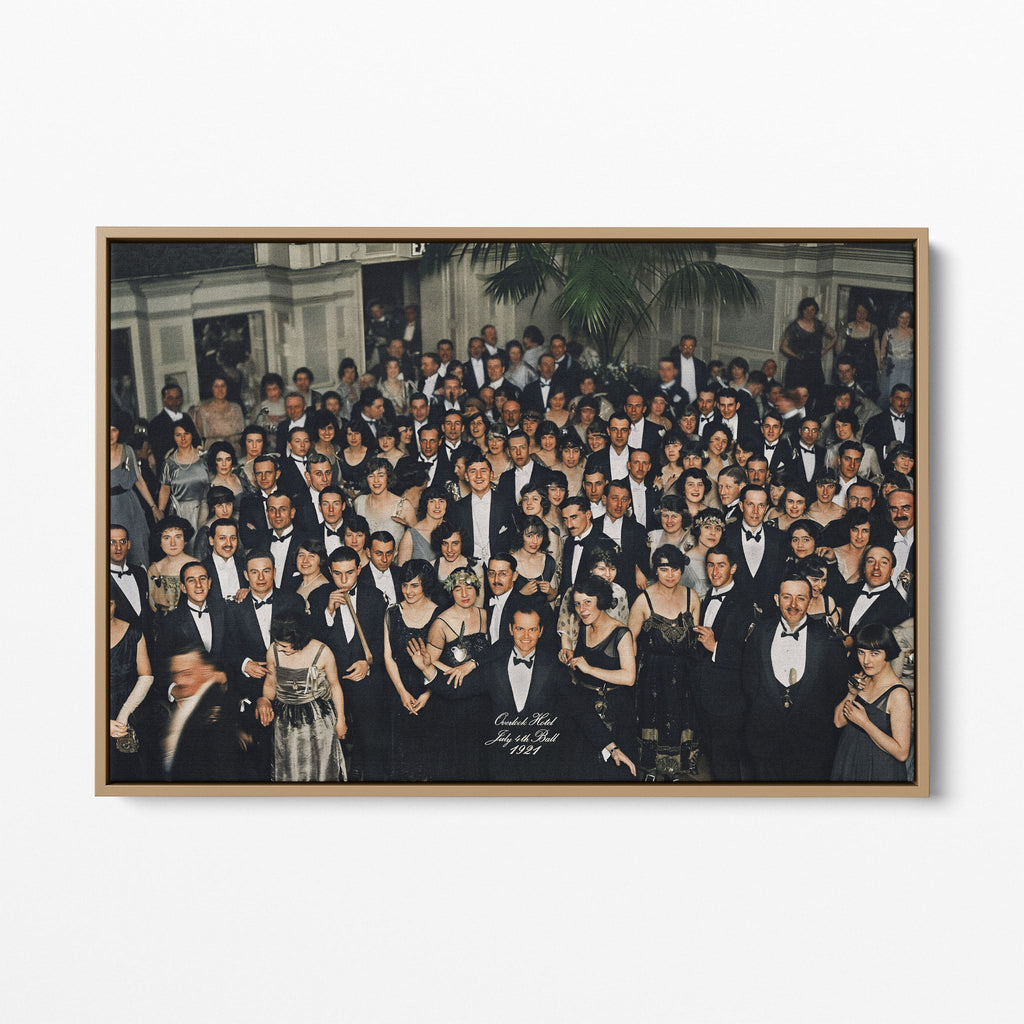 Front view of the Shining Overlook Hotel 1921 colorized canvas in a natural oak floating frame