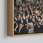 Corner close-up of the natural oak floating frame on the Shining Overlook Hotel 1921 colorized canvas