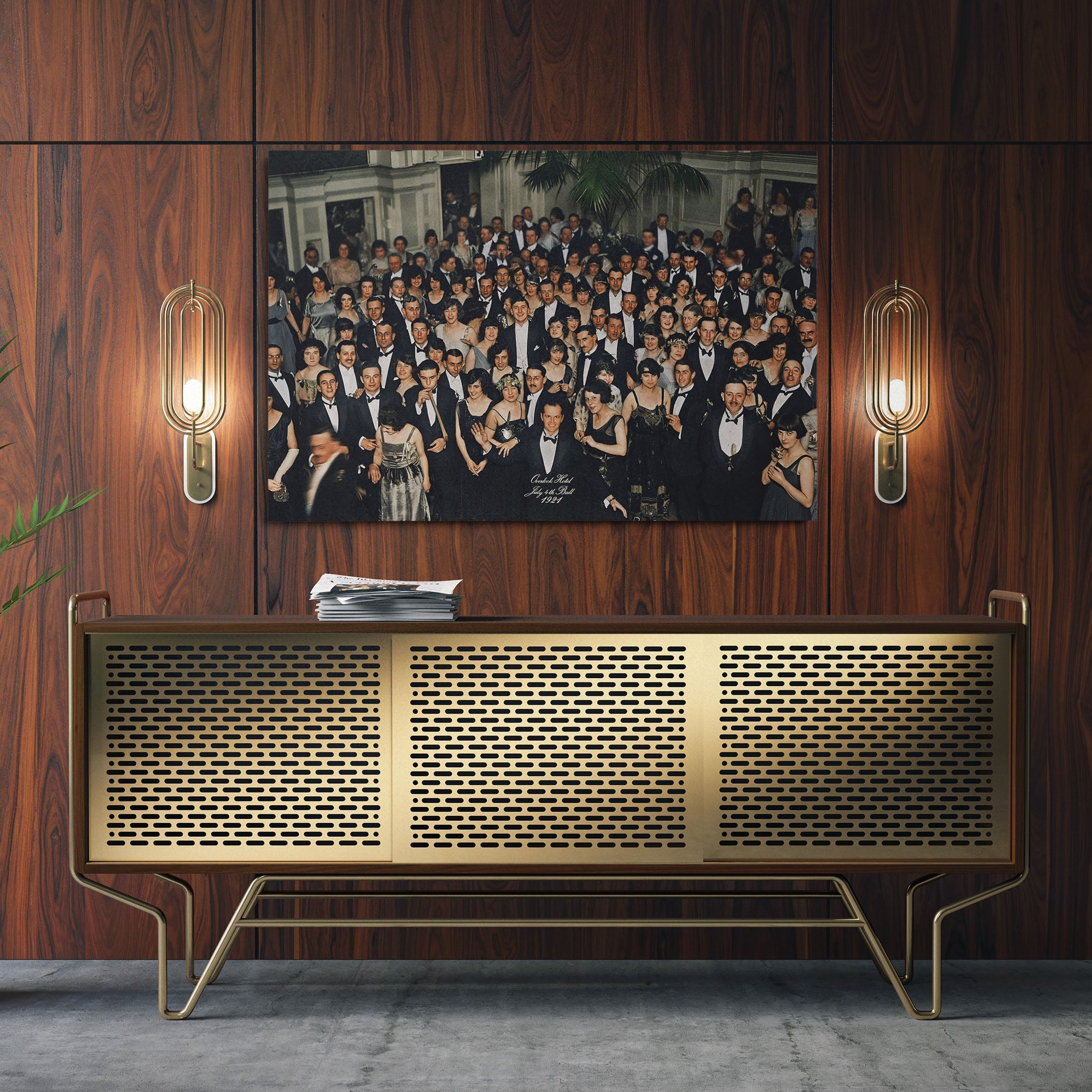Aluminium metal print of the Shining Overlook Hotel 1921 colorized ballroom photograph