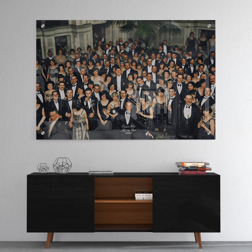 High-gloss acrylic print of the Shining Overlook Hotel 1921 colorized ballroom photograph