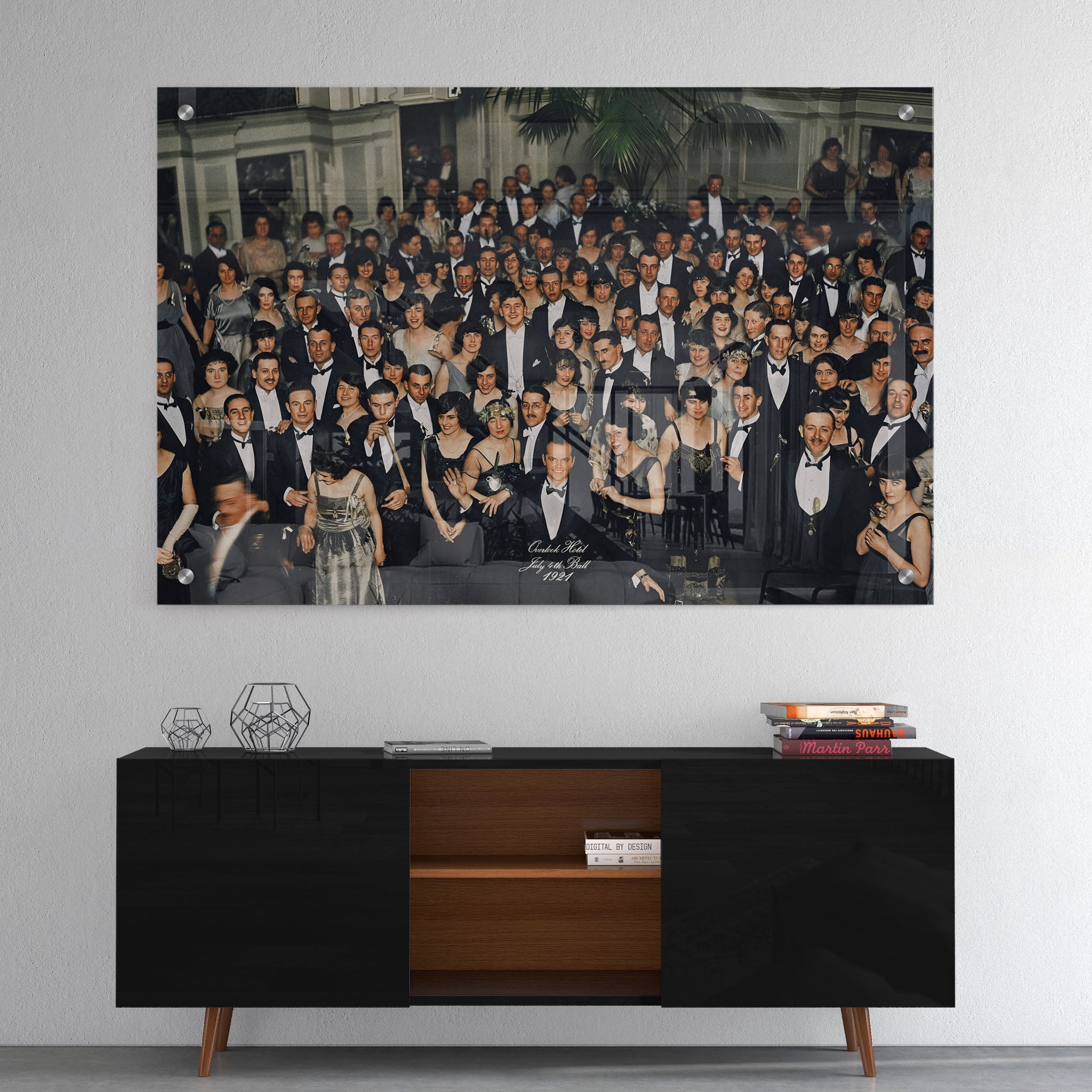 High-gloss acrylic print of the Shining Overlook Hotel 1921 colorized ballroom photograph