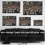 Wall art size comparison chart displaying multiple print dimensions above an average 3-seater sofa