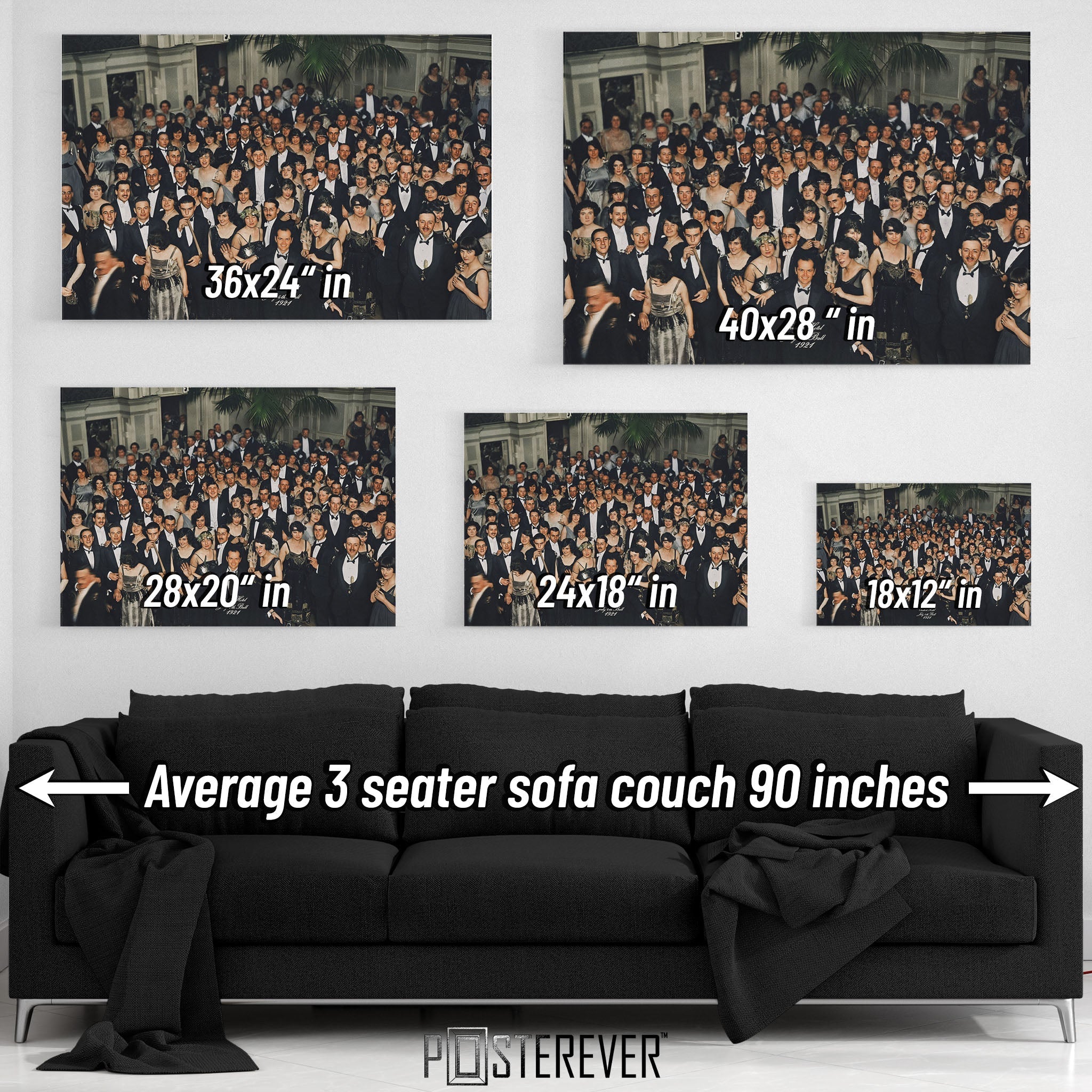 Wall art size comparison chart displaying multiple print dimensions above an average 3-seater sofa
