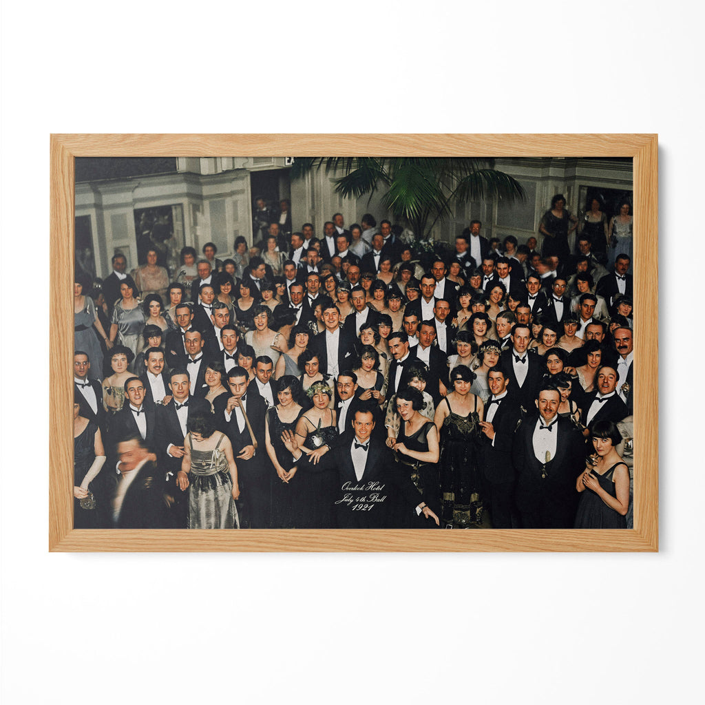 The Shining Overlook Hotel July 4th Ball 1921 colour-restored final shot in a natural oak poster frame