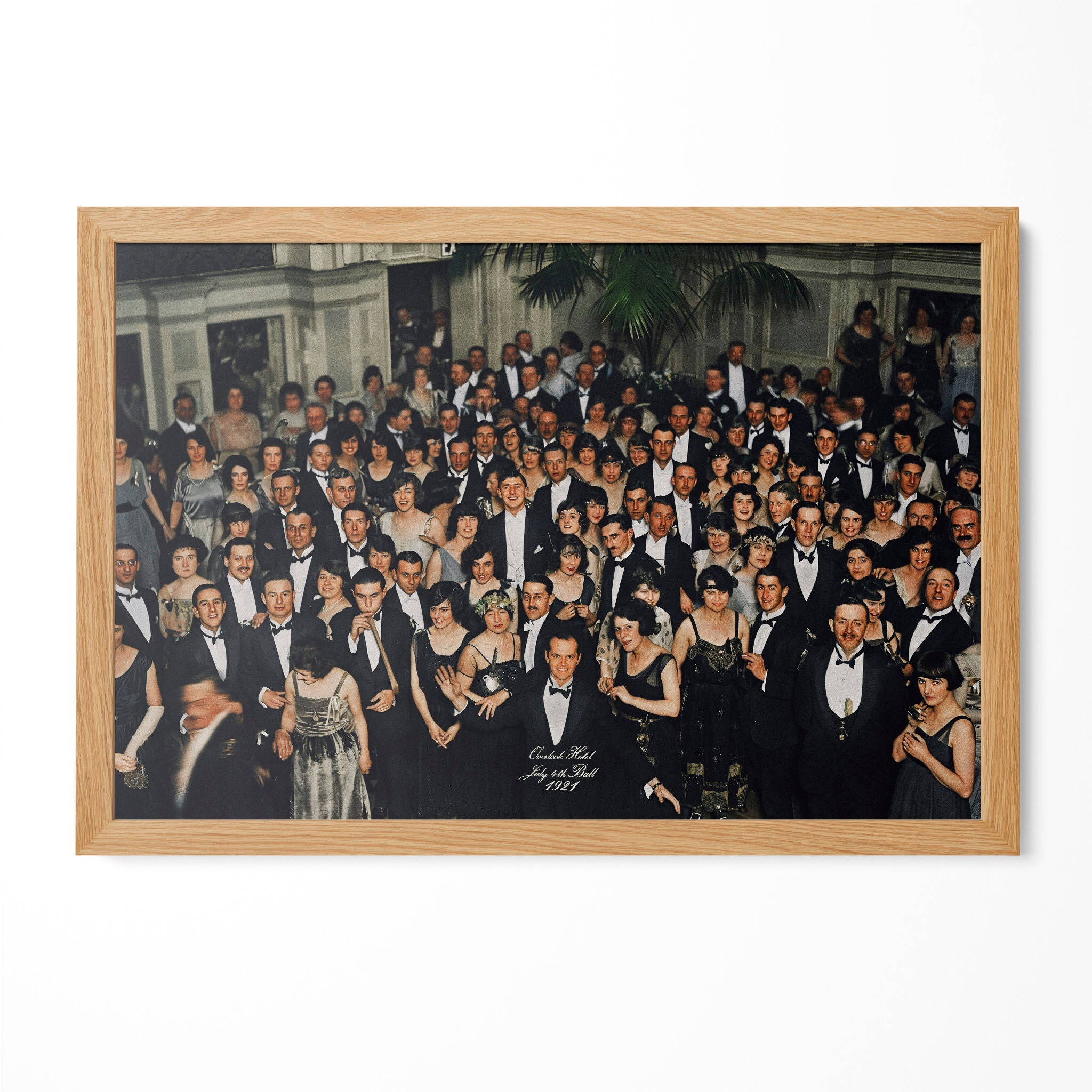 The Shining Overlook Hotel July 4th Ball 1921 colour-restored final shot in a natural oak poster frame