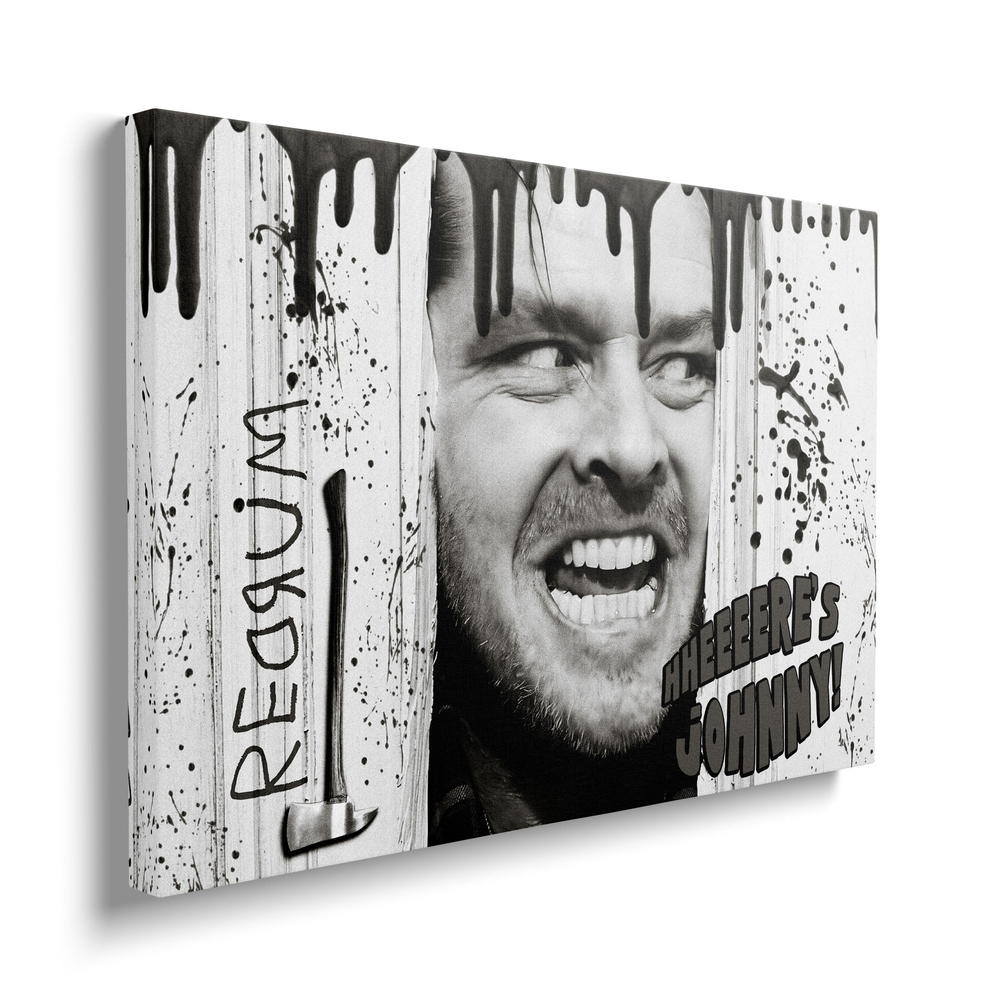 Gallery-wrapped canvas of the Shining Here's Johnny black and white poster art