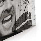 Close-up of the gallery-wrapped canvas edge on the Shining Here's Johnny black and white print