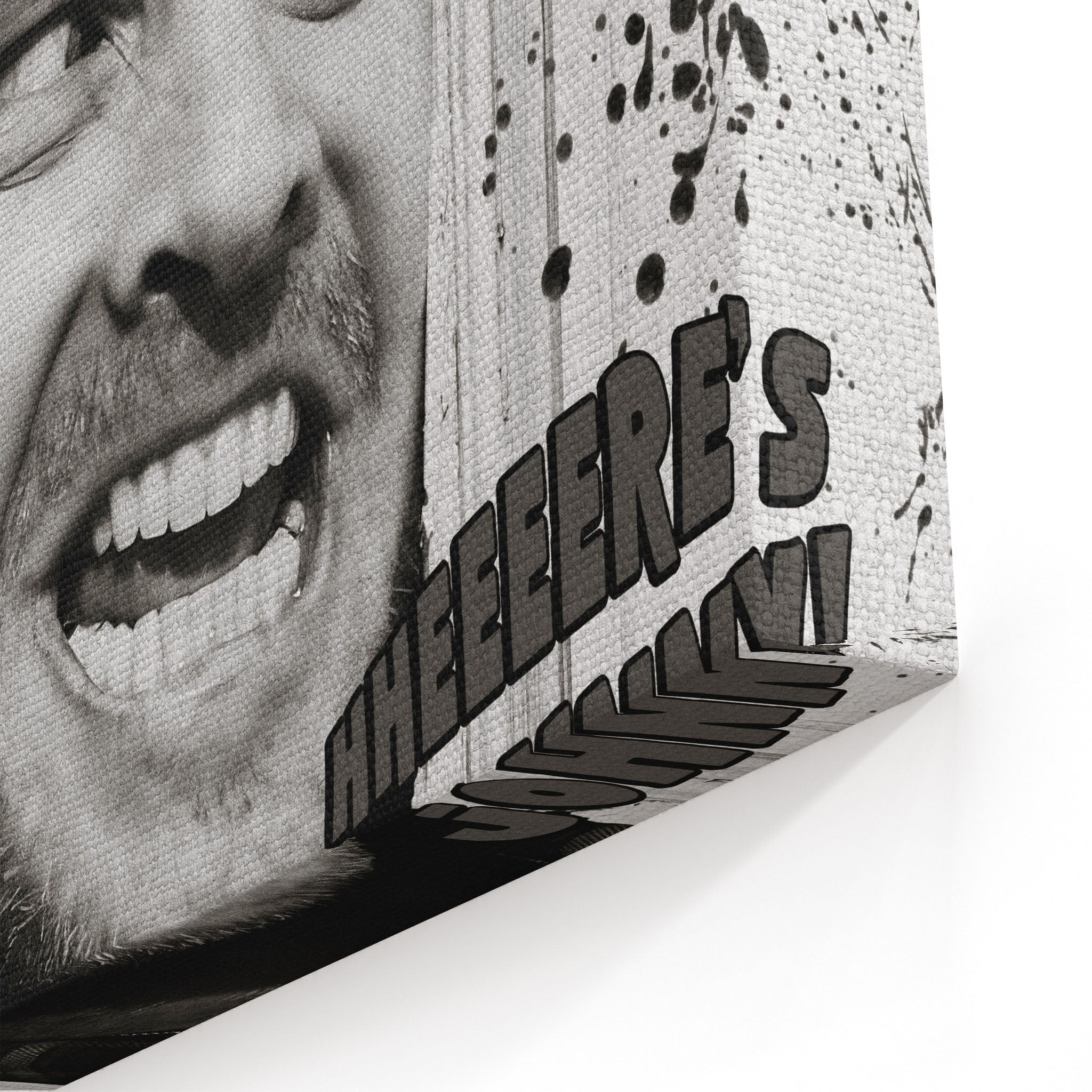 Close-up of the gallery-wrapped canvas edge on the Shining Here's Johnny black and white print