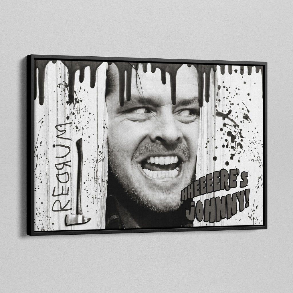 Angled view of the Shining Here's Johnny black and white canvas in a black floating frame