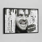 Angled view of the Shining Here's Johnny black and white canvas in a black floating frame