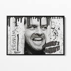 Front view of the Shining Here's Johnny black and white canvas in a black floating frame
