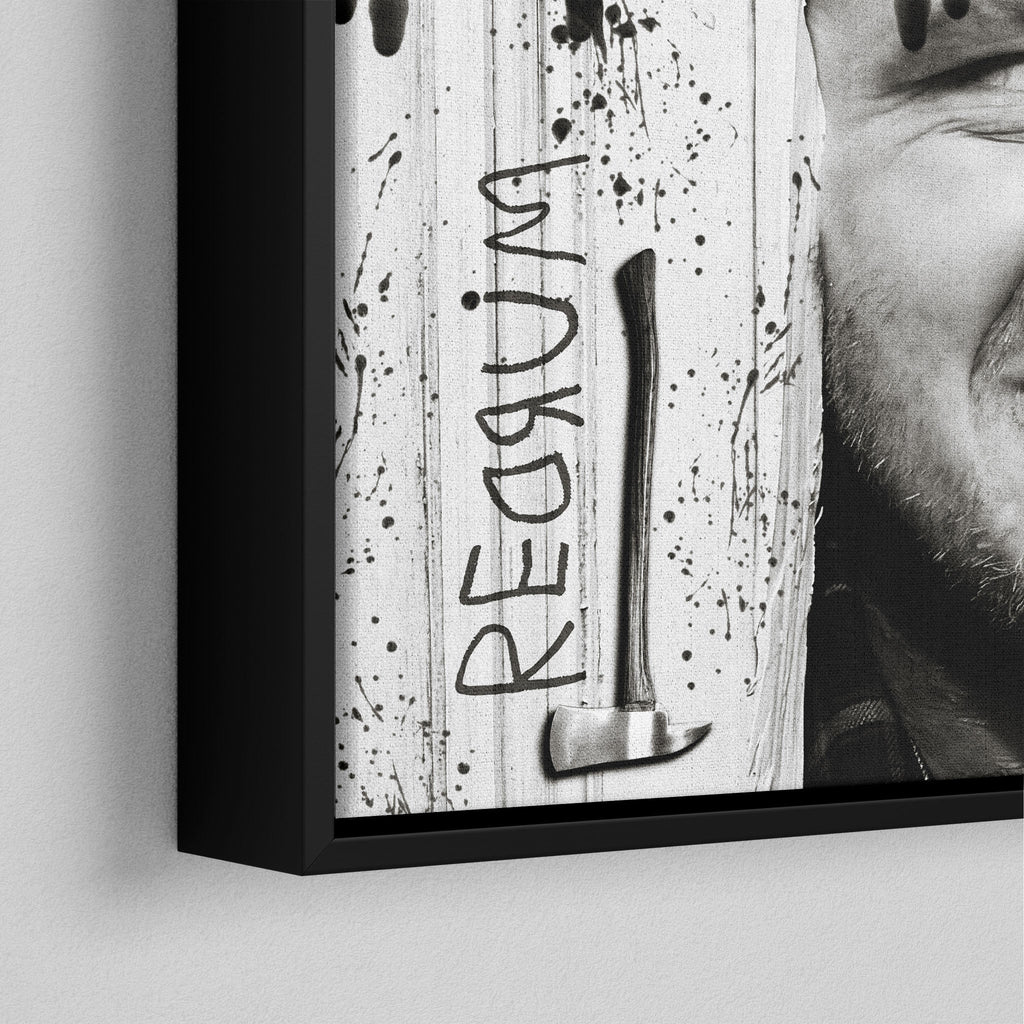 Corner close-up of the black floating frame on the Shining Here's Johnny black and white canvas