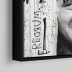 Corner close-up of the black floating frame on the Shining Here's Johnny black and white canvas
