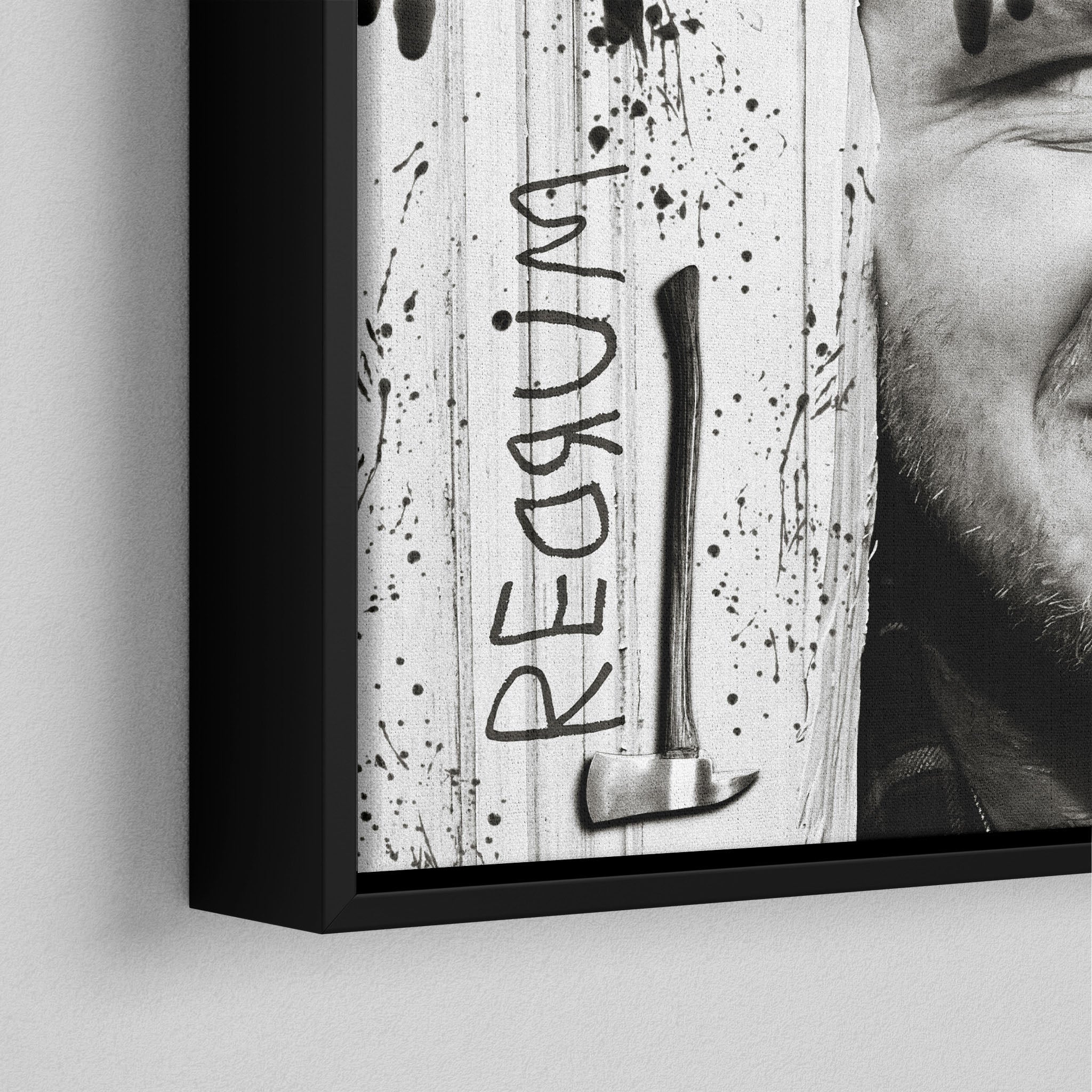 Corner close-up of the black floating frame on the Shining Here's Johnny black and white canvas