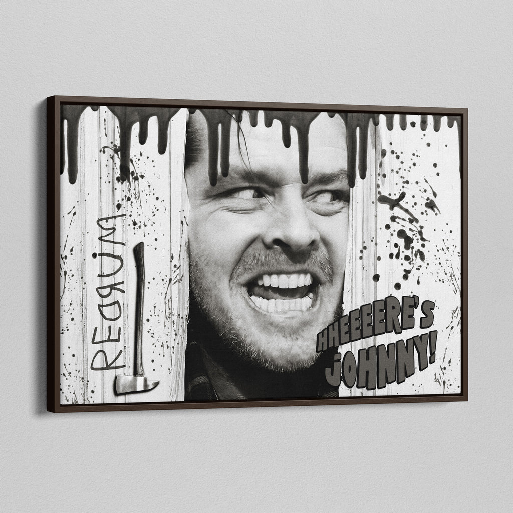 Angled view of the Shining Here's Johnny black and white canvas in a dark walnut floating frame