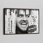 Angled view of the Shining Here's Johnny black and white canvas in a dark walnut floating frame