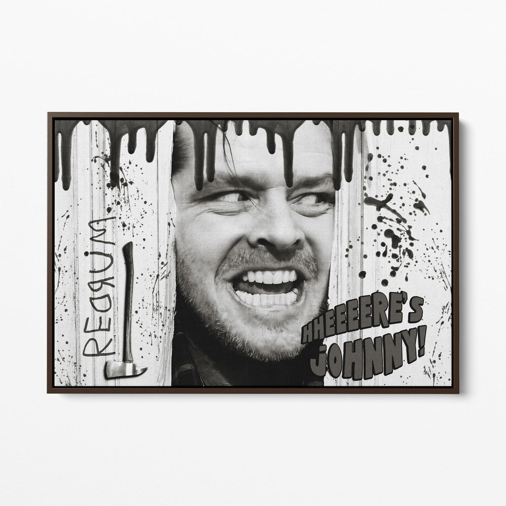 Front view of the Shining Here's Johnny black and white canvas in a dark walnut floating frame