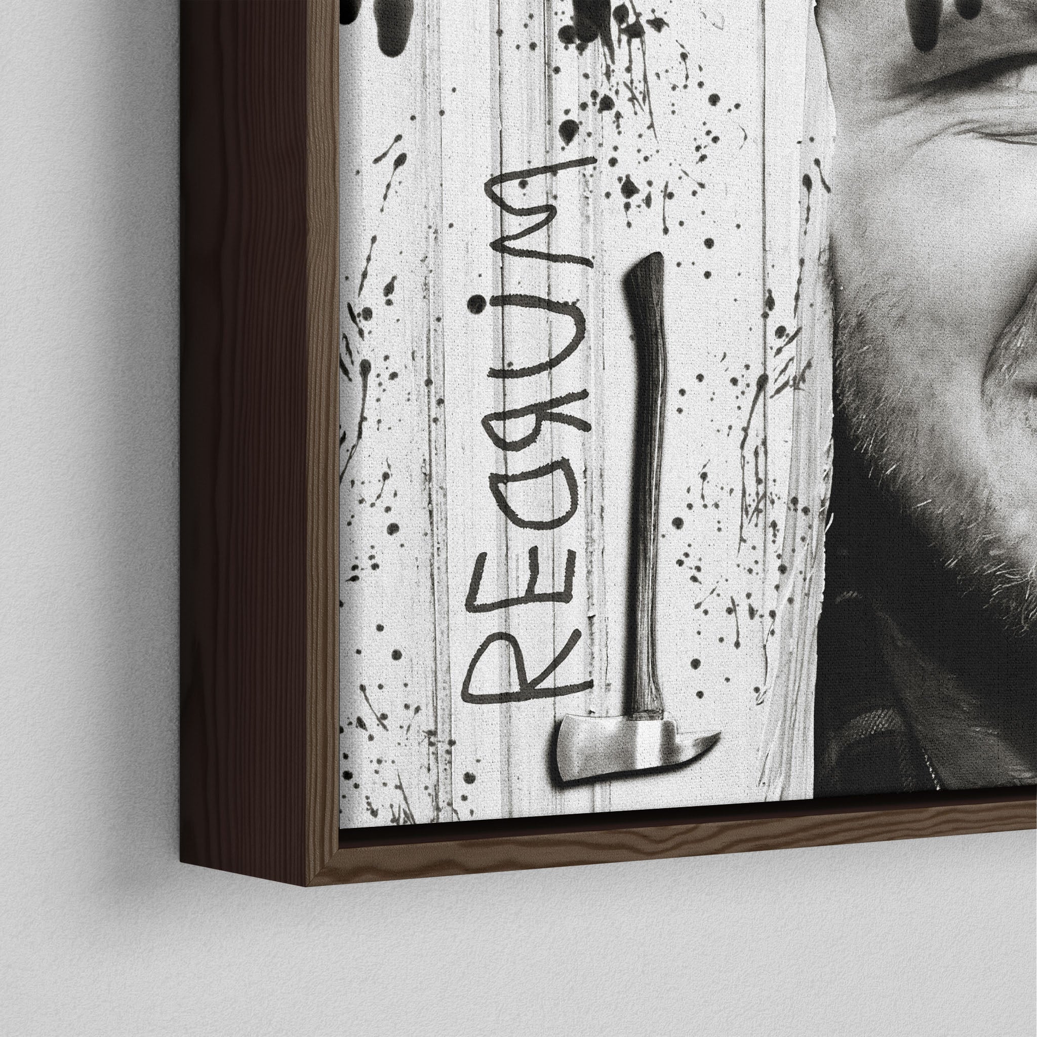 Corner close-up of the dark walnut floating frame on the Shining Here's Johnny black and white canvas