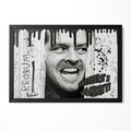 The Shining Here's Johnny axe scene black and white poster with Jack Torrance in a classic black poster frame