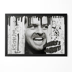 The Shining Here's Johnny axe scene black and white poster with Jack Torrance in a classic black poster frame