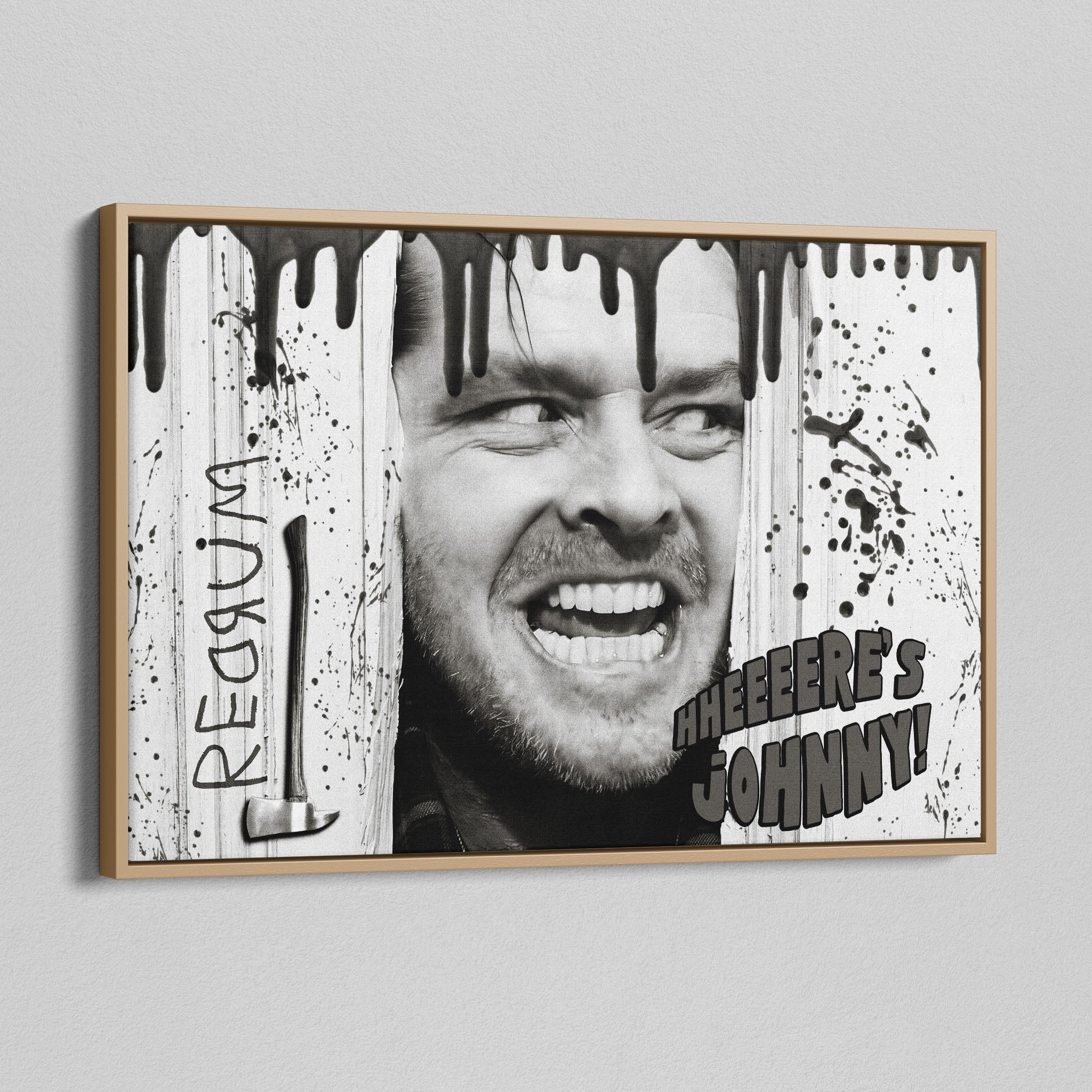 Angled view of the Shining Here's Johnny black and white canvas in a natural oak floating frame