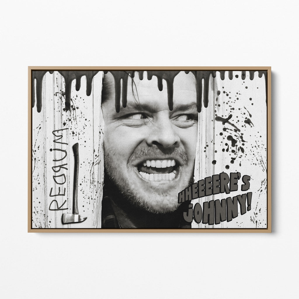 Front view of the Shining Here's Johnny black and white canvas in a natural oak floating frame