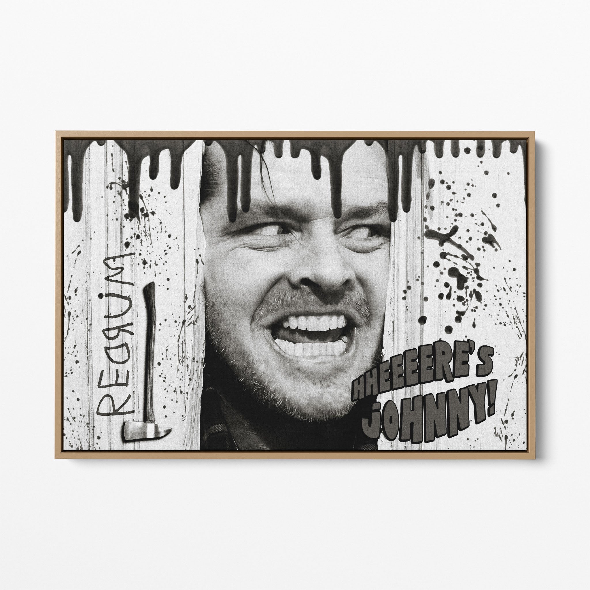 Front view of the Shining Here's Johnny black and white canvas in a natural oak floating frame