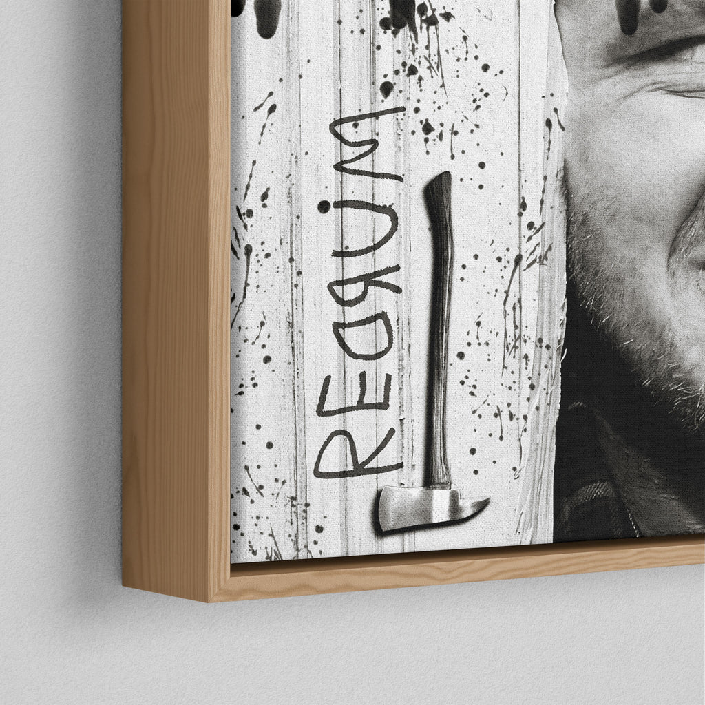 Corner close-up of the natural oak floating frame on the Shining Here's Johnny black and white canvas
