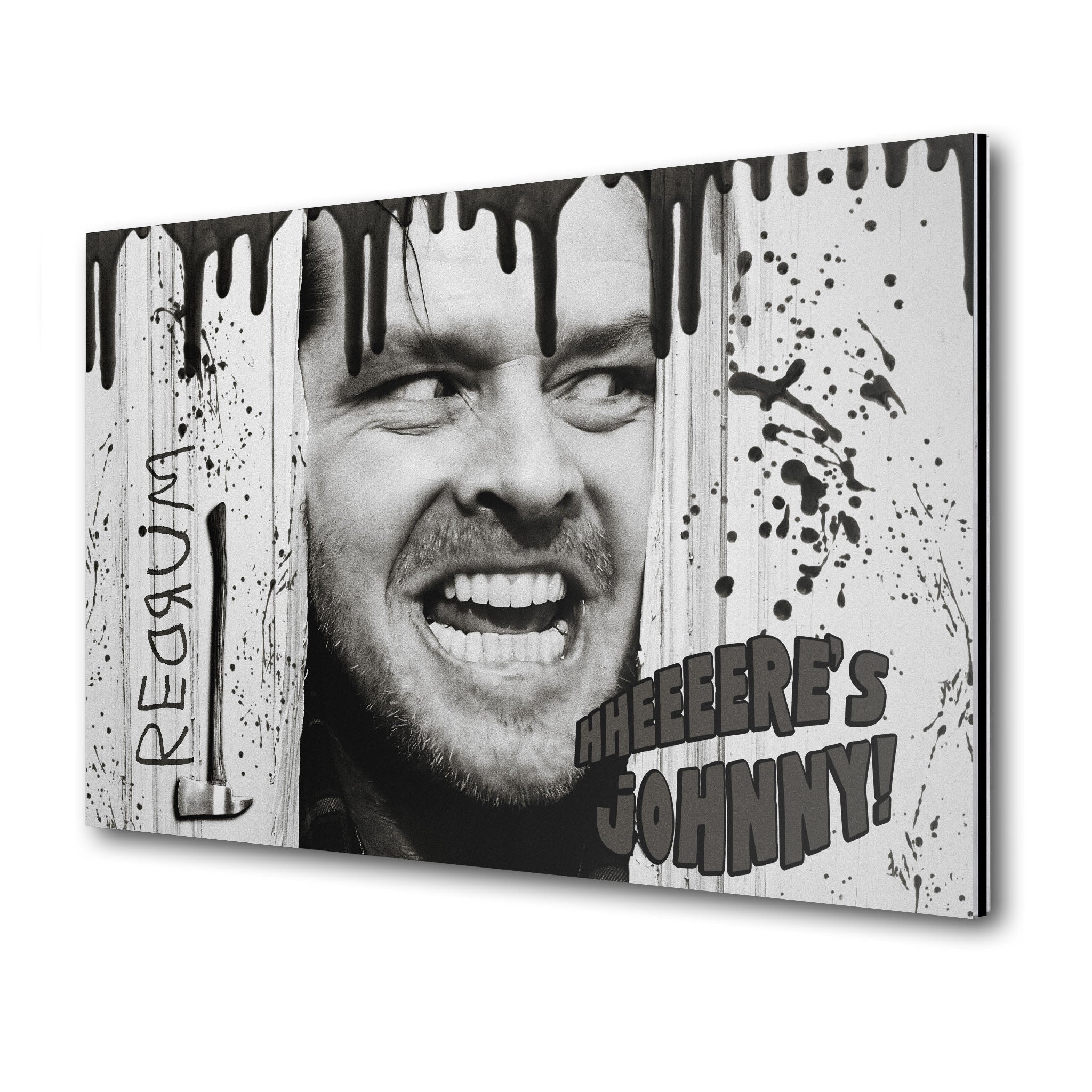 The Shining Here's Johnny axe scene black and white poster on sleek aluminium metal