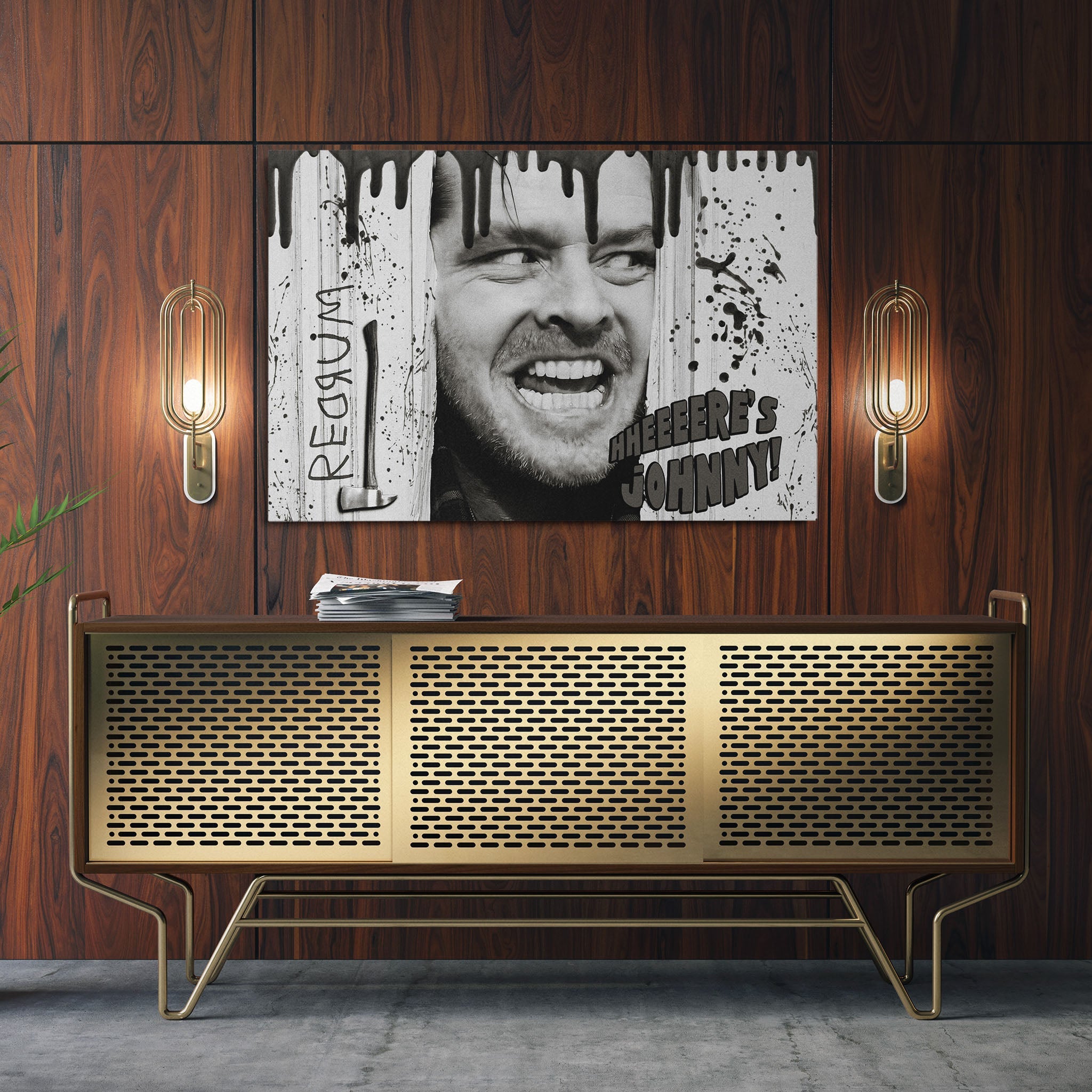 Aluminium metal print of the Shining Here's Johnny black and white poster art