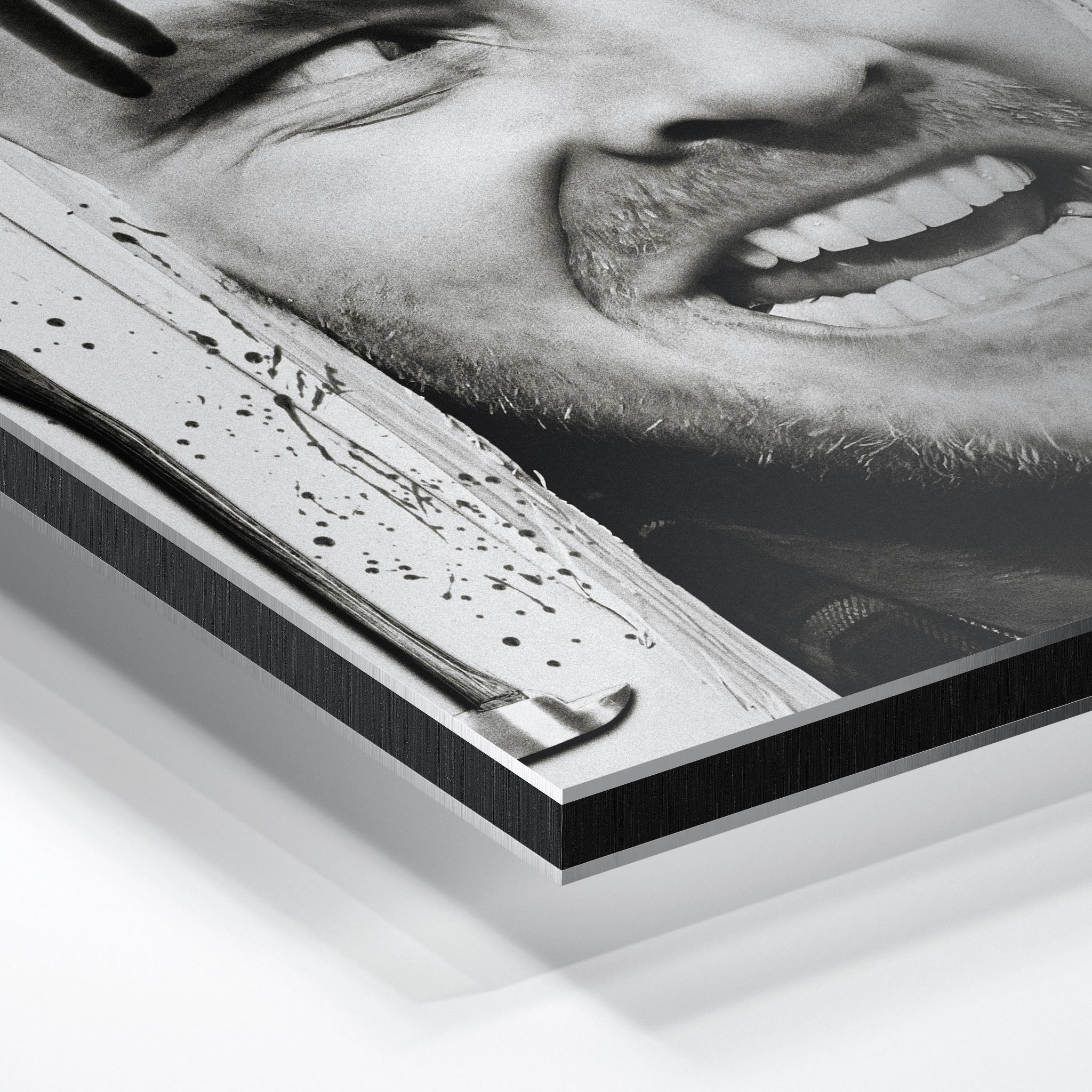 Close-up of the aluminium edge on the Shining Here's Johnny black and white metal print