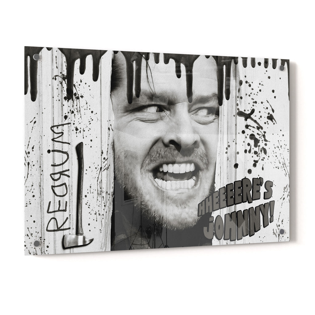 The Shining Here's Johnny axe scene black and white poster on glossy acrylic glass