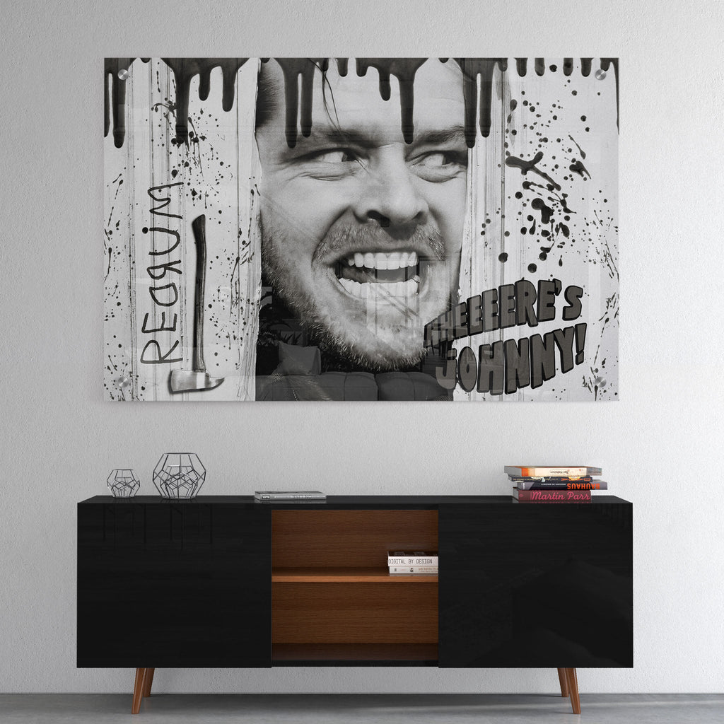 High-gloss acrylic print of the Shining Here's Johnny black and white poster art