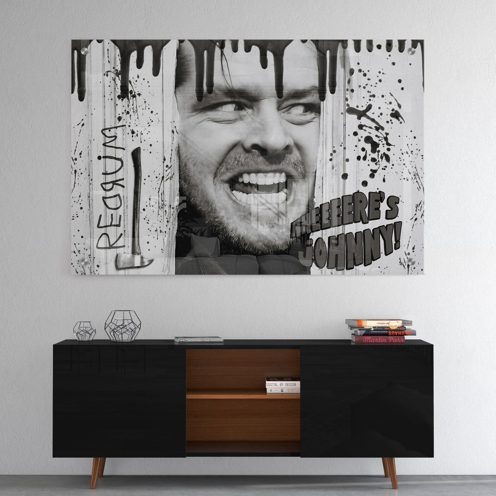 High-gloss acrylic print of the Shining Here's Johnny black and white poster art