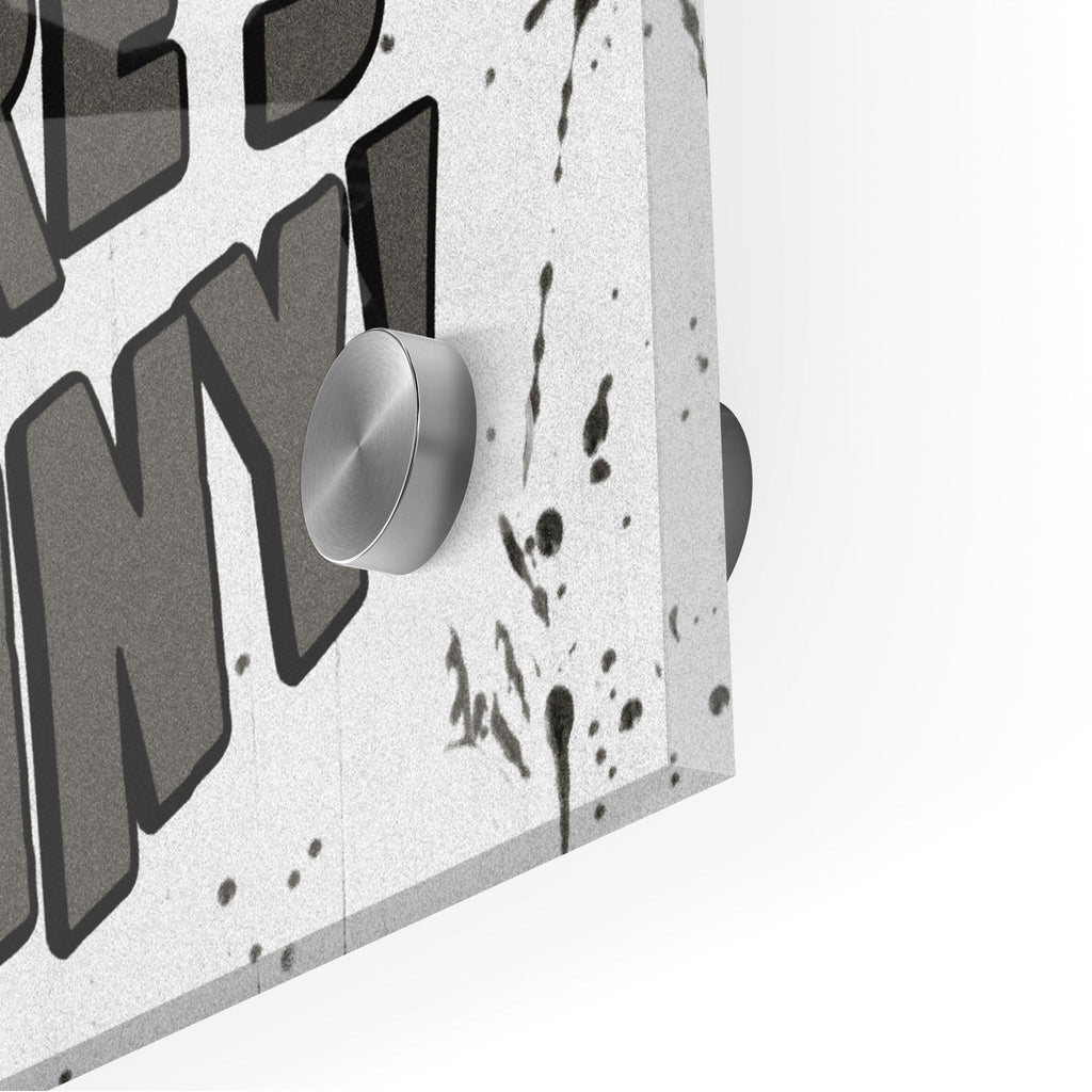 Close-up of the glossy edge and depth of the Shining Here's Johnny black and white acrylic print