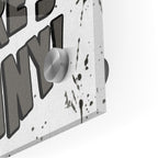 Close-up of the glossy edge and depth of the Shining Here's Johnny black and white acrylic print